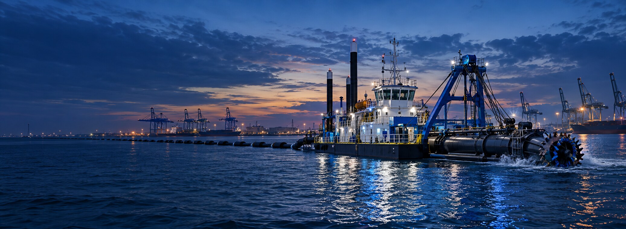Conceptual dredging vessel at an industrial harbor